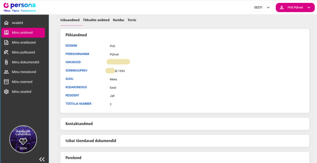 Isiku- ja töösuhte andmed