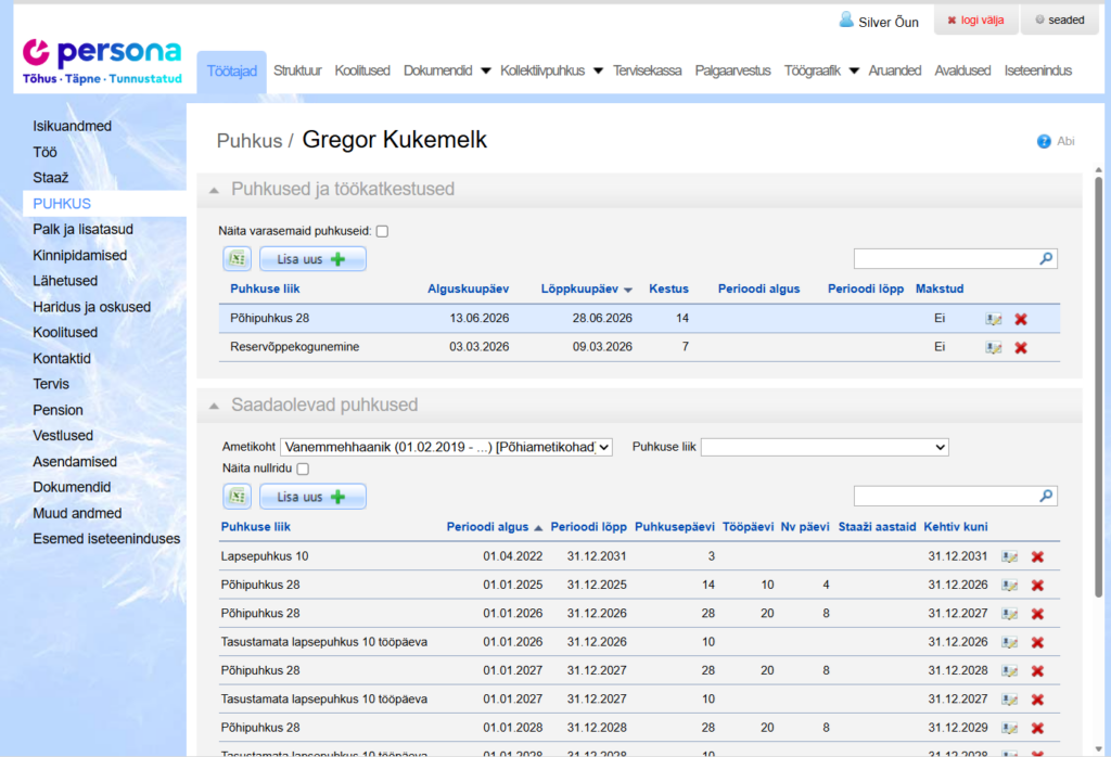 Puhkuste haldus Personas