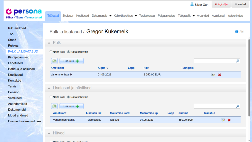 töösuhte andmed Personas